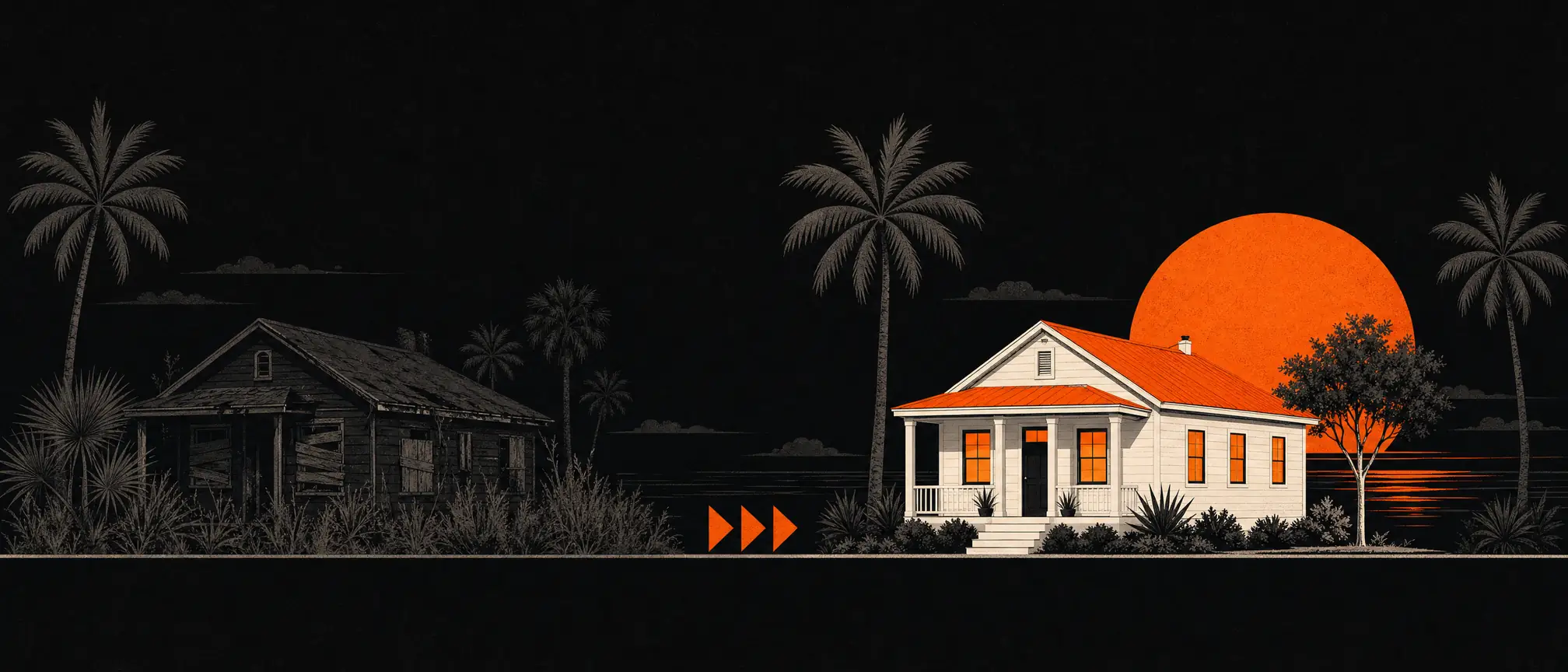 Illustrated panorama: a run-down charcoal house transforms left to right into a renovated home with an orange roof and lit windows as the sun rises