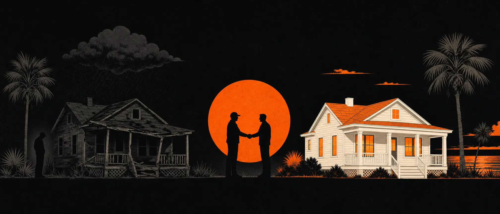 Illustrated older two-story house on the left transforming into a renovated home with an orange roof on the right