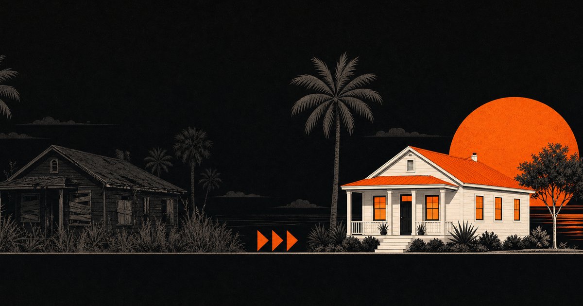 Illustration of a worn, boarded-up wood house beside a fixed-up white house with an orange roof under palm trees